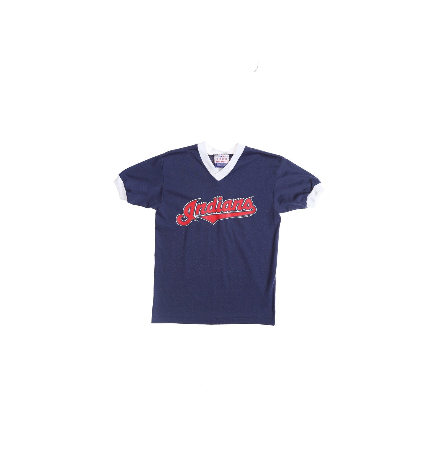 Vintage Blue Baseball V Neck T-shirt with Indians Red Print
