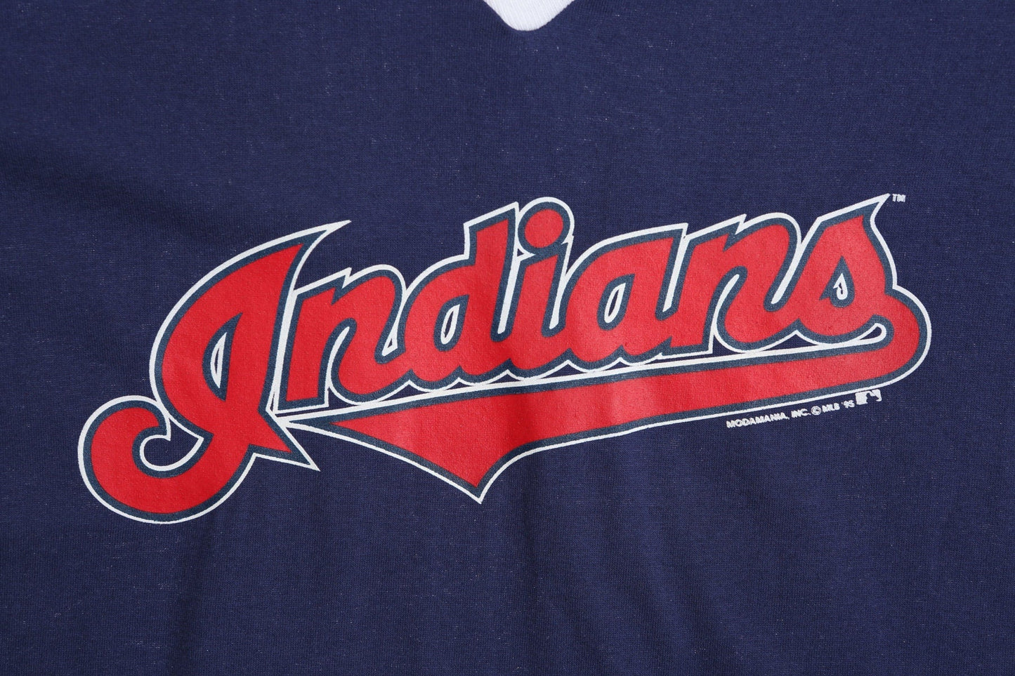 Vintage Blue Baseball V Neck T-shirt with Indians Red Print