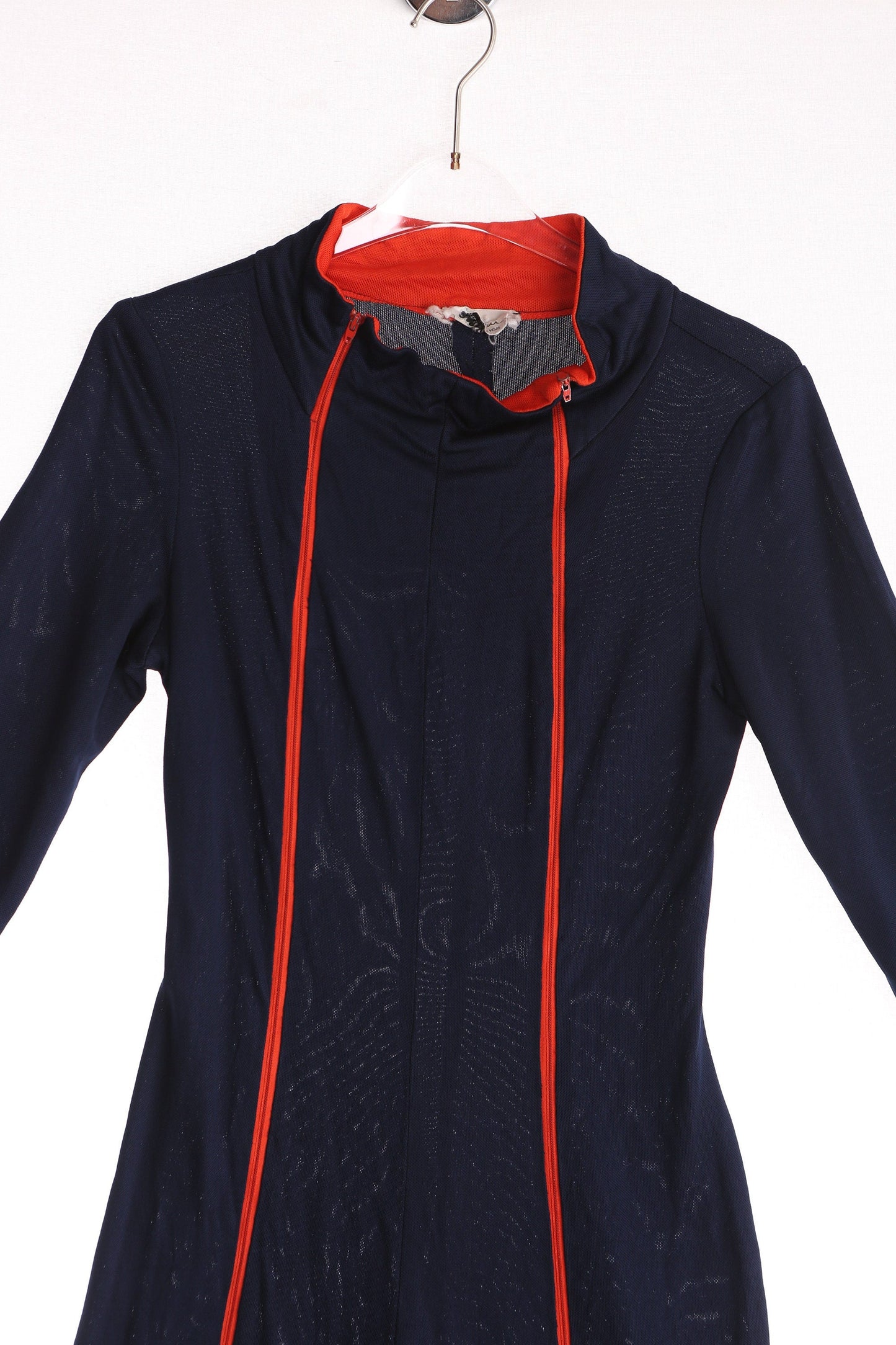 70s Women Blue Casual Jumpsuit with Red Lined Zipper Closure