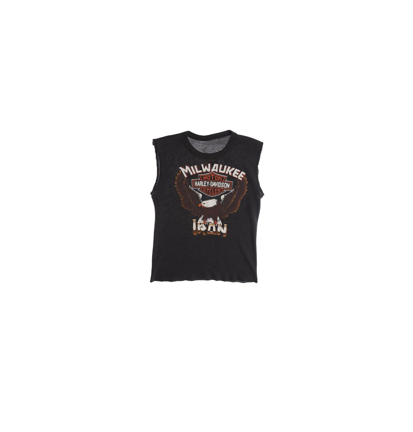 Vintage Harley Davidson Milwaukee Iron Graphic Sleeveless Black Thermal Shirt - Era 1970s - 1980s