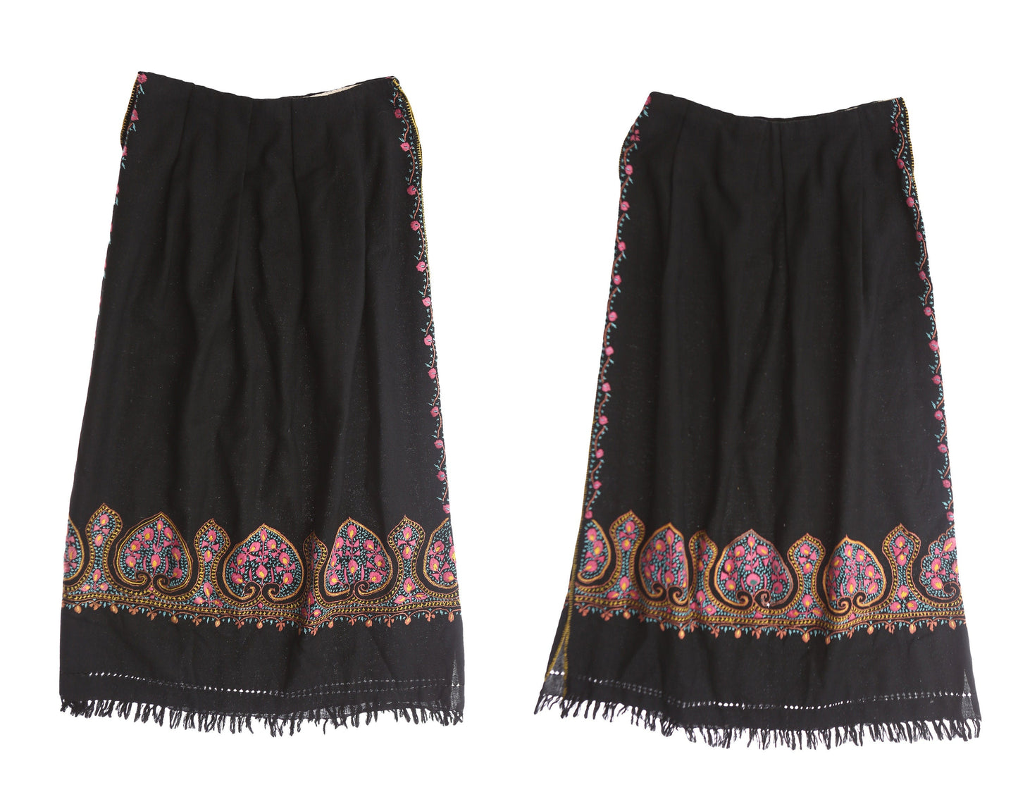 Vintage Black Boho Skirt with Bottom Fringes and Floral Embroidery