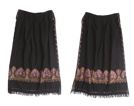 Vintage Black Boho Skirt with Bottom Fringes and Floral Embroidery