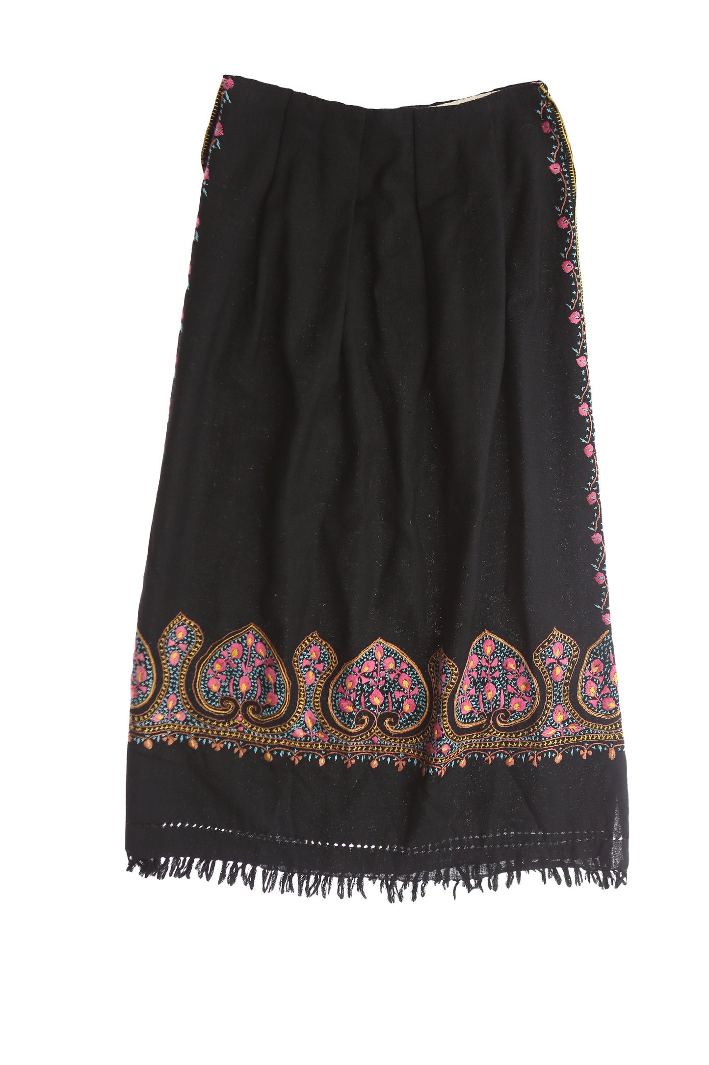 Vintage Black Boho Skirt with Bottom Fringes and Floral Embroidery