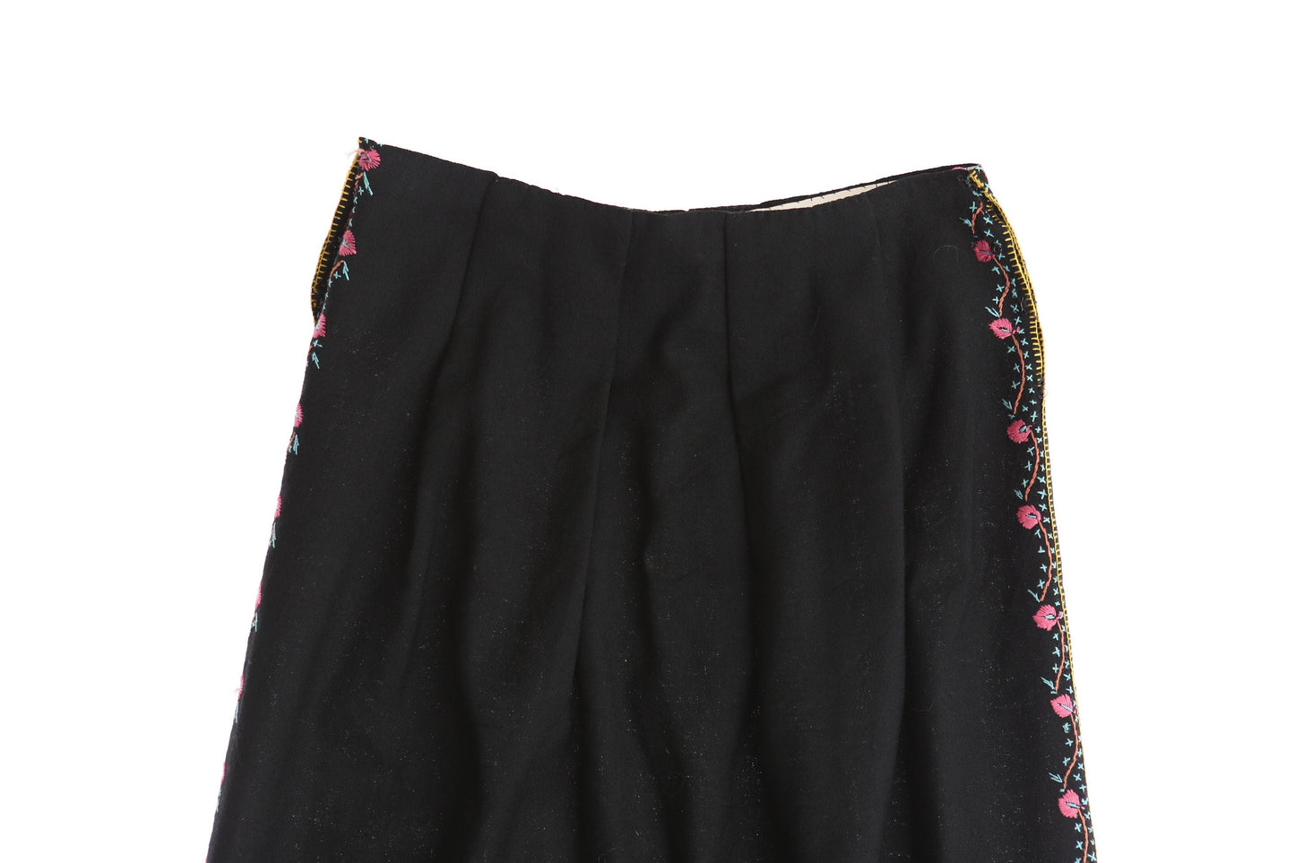 Vintage Black Boho Skirt with Bottom Fringes and Floral Embroidery