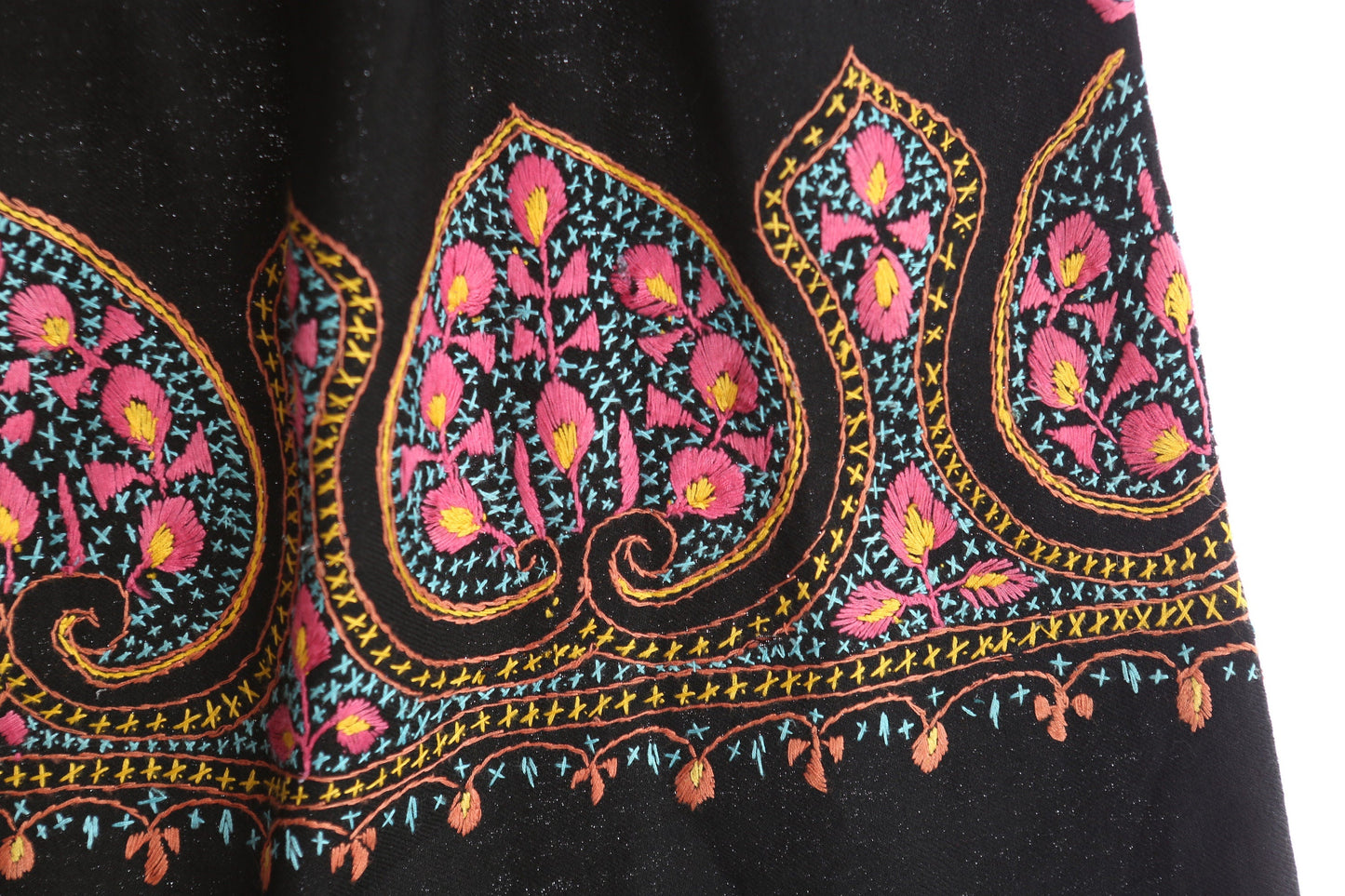 Vintage Black Boho Skirt with Bottom Fringes and Floral Embroidery