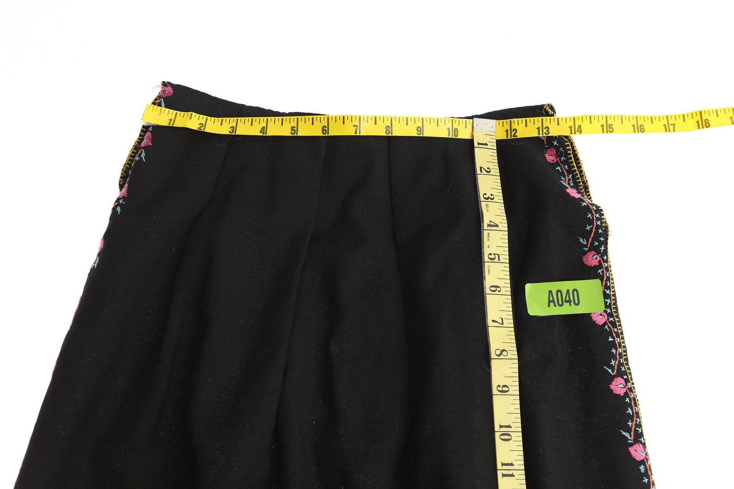 Vintage Black Boho Skirt with Bottom Fringes and Floral Embroidery