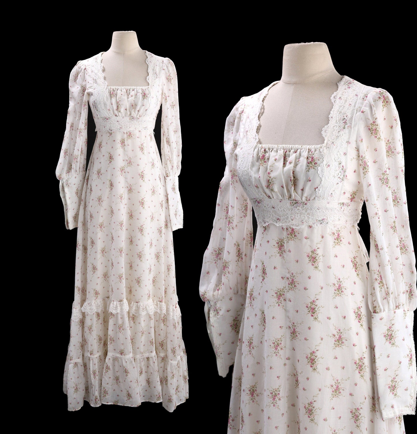 Vintage 1970s Prairie Dress / Floral Print / Long Sleeve / Cotton / Summer / Long / Waist Belt / Square Neck