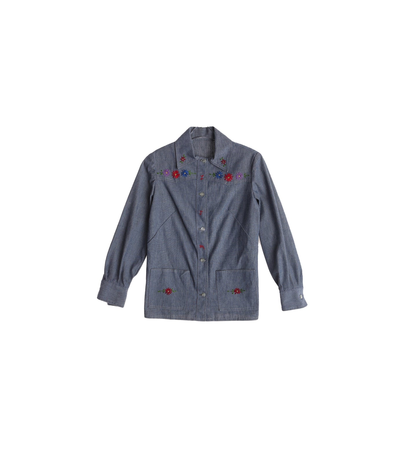 70s Women's Blue Denim Floral Embroidered Shirt