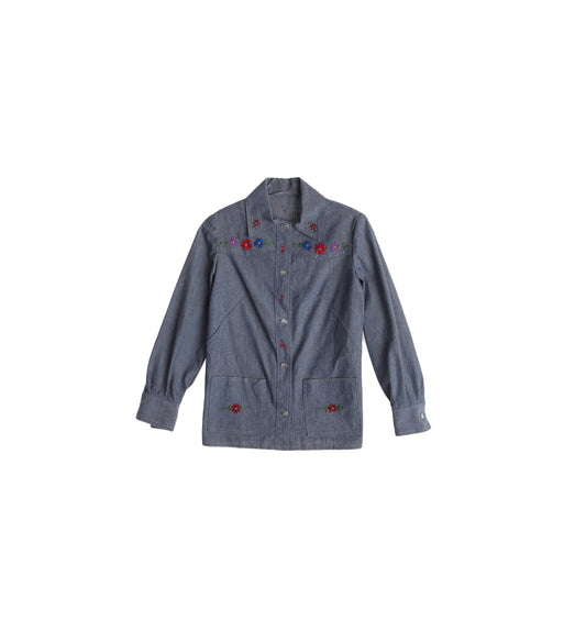70s Women's Blue Denim Floral Embroidered Shirt