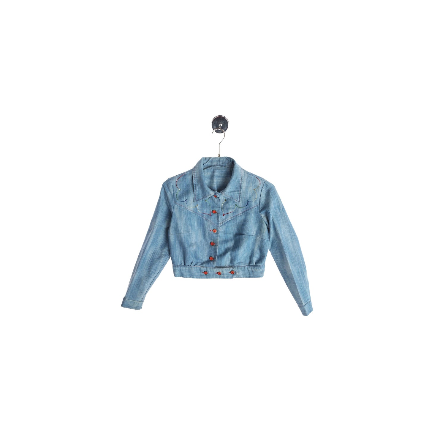 70s Women high Waist Blue Button up Jacket with Front Embroidered Details