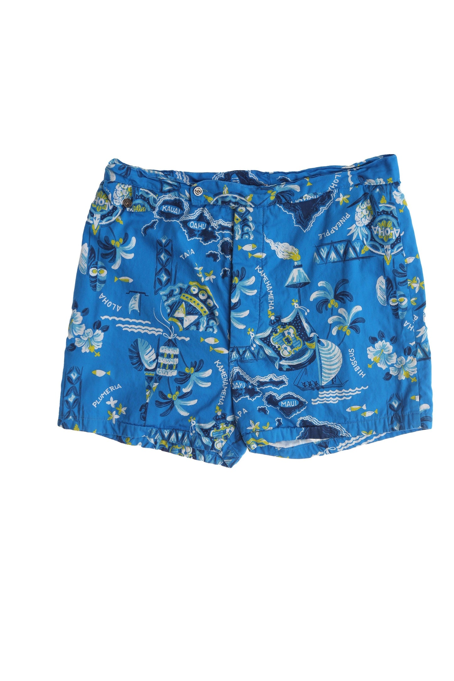 Vintage Men Hawaiian Print Blue Swim Trunks - Era 1950s - 1960s - Hoaloha - Style in Hawaii