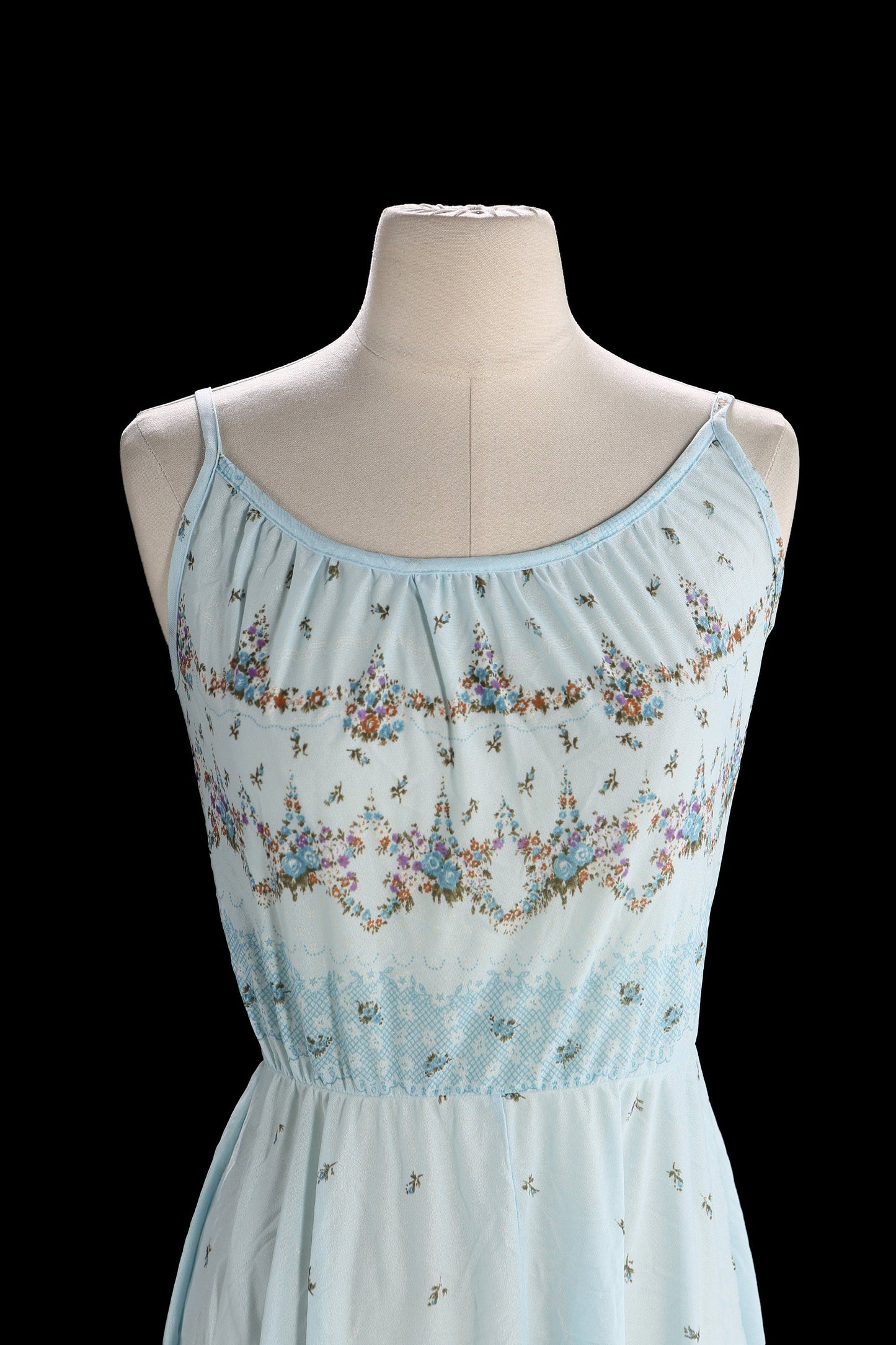80s Women Blue Floral Print Polyester Sheer Dress