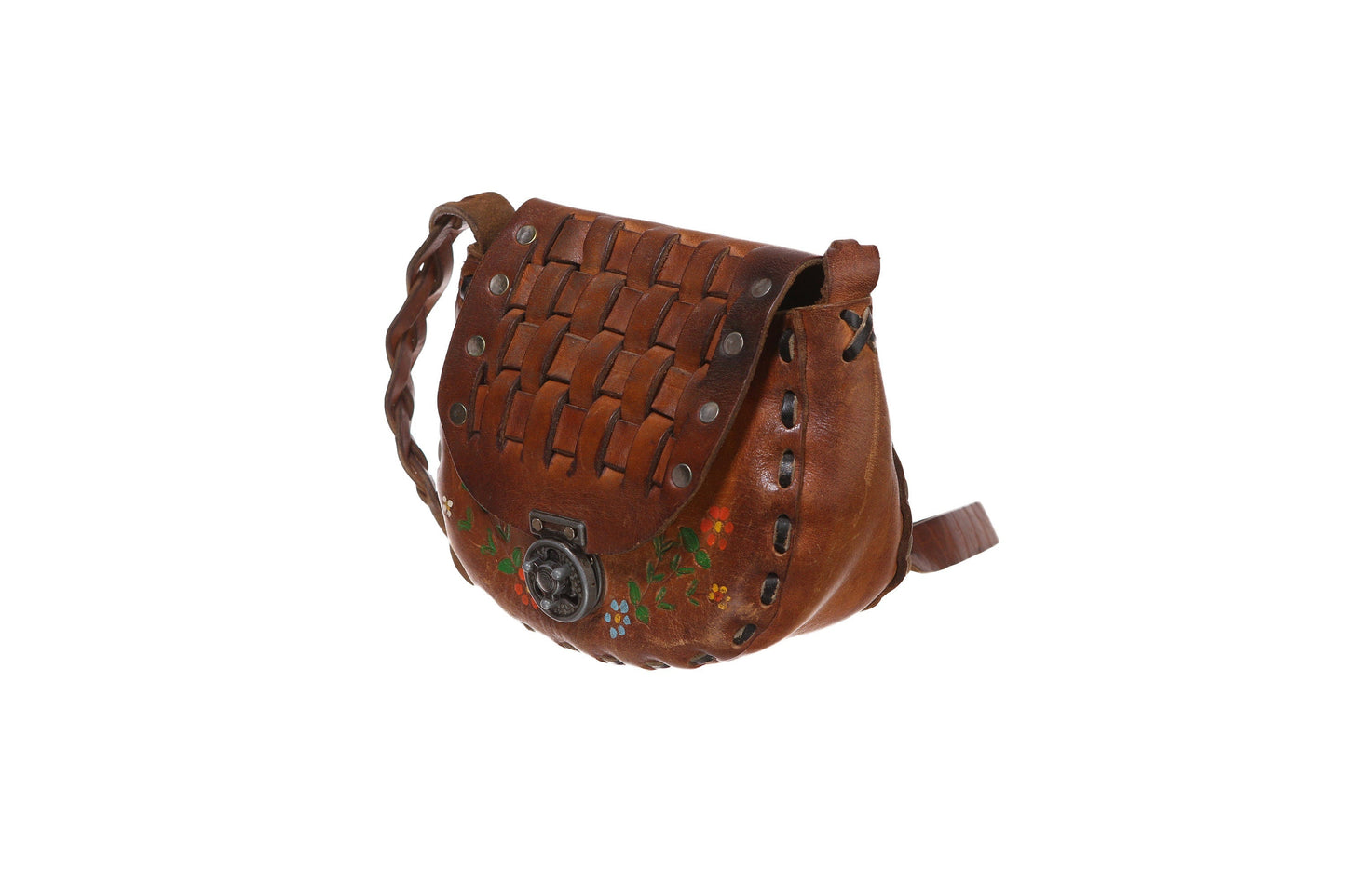 Vintage 70s Tooled Leather Bag with Floral Designs
