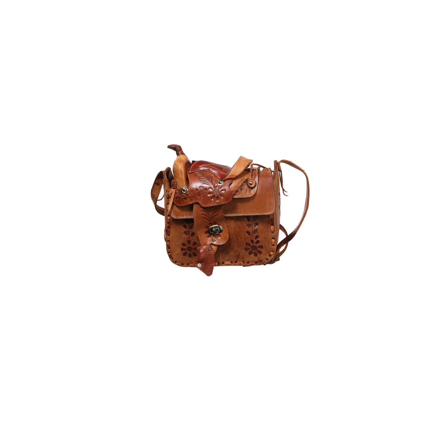 Vintage Tooled Leather Bag with Horse Saddle Design - Est Era 1970's - 1980's