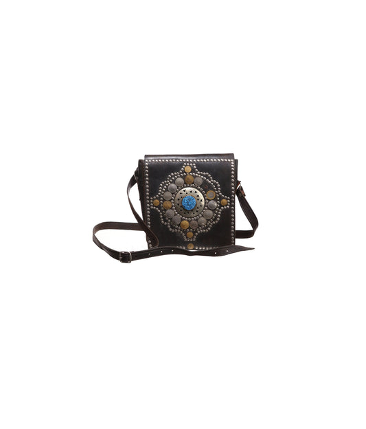 Vintage Leather Bag with Maroc Franc Studded Coins - Est Era 1970's - 1980's