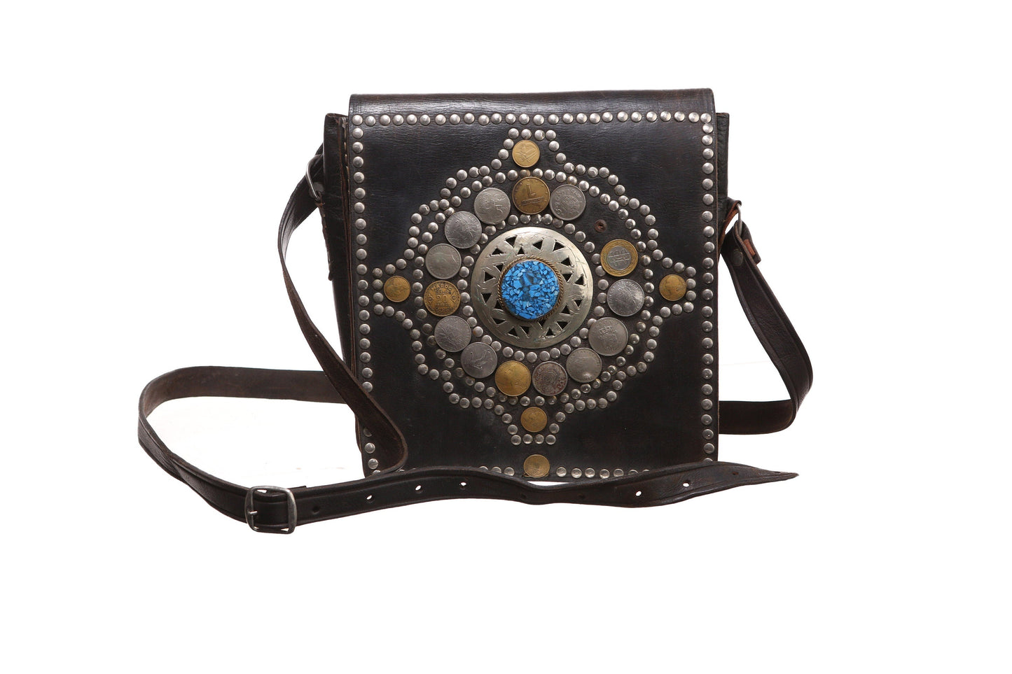Vintage Leather Bag with Maroc Franc Studded Coins - Est Era 1970's - 1980's