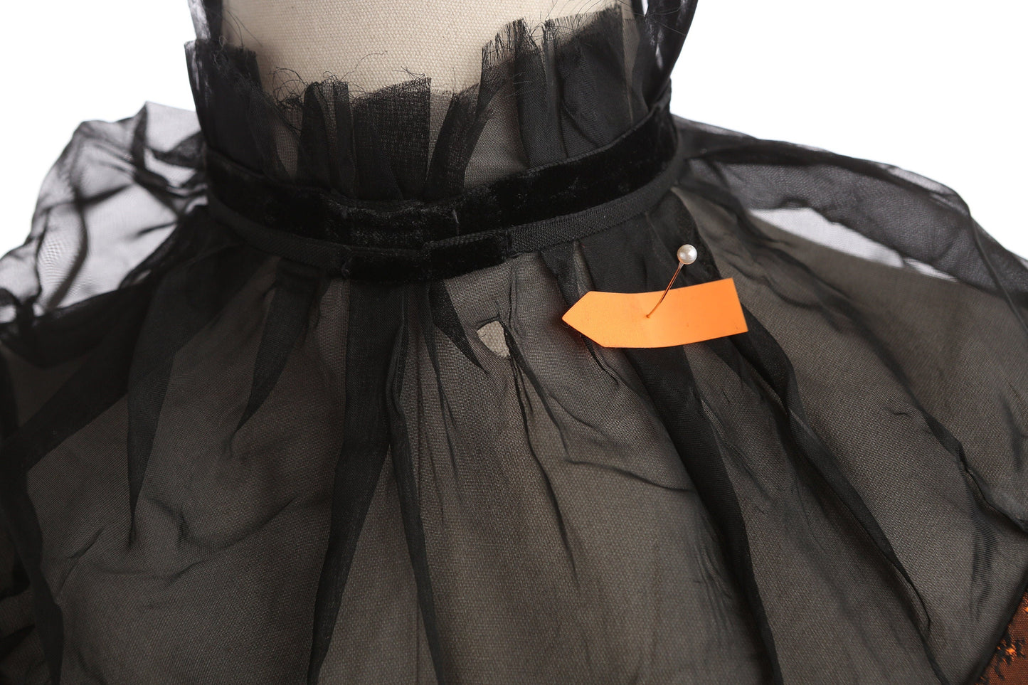 Vintage Women's Victorian Style Dress with Black Sheer Poly Collar and Floral Brown Shiny Brocade Fabric Pattern - Estimated Era 40s - 50s