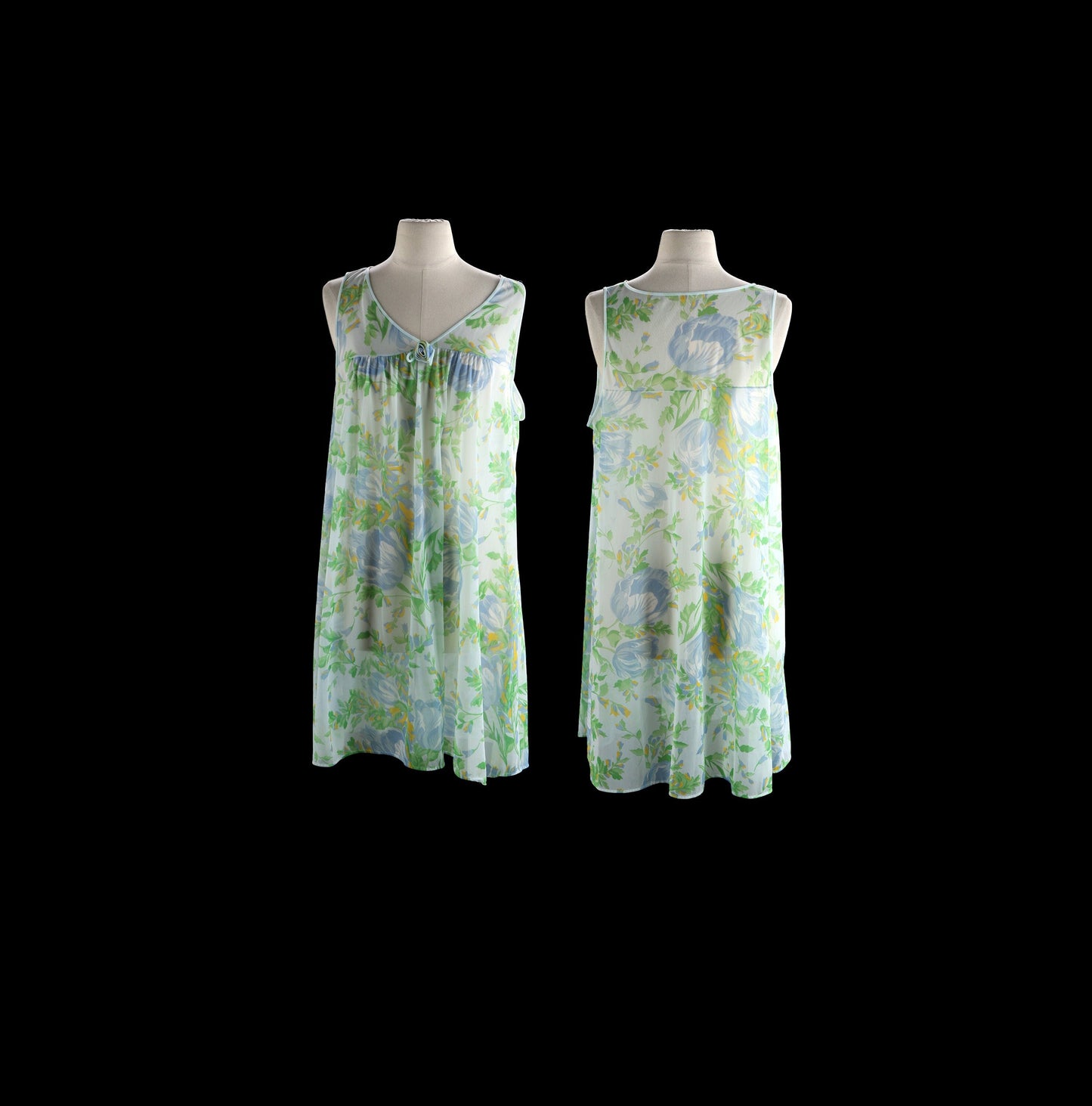 Vintage Women's Blue Floral Print Blouson Nightgown Dress