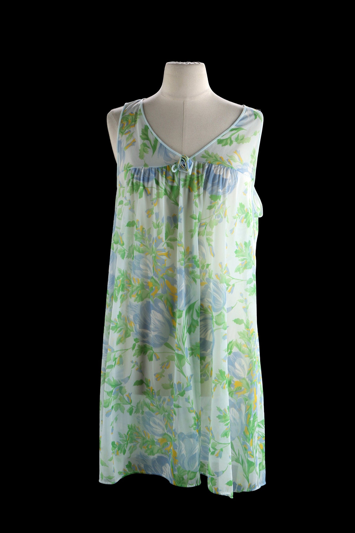 Vintage Women's Blue Floral Print Blouson Nightgown Dress
