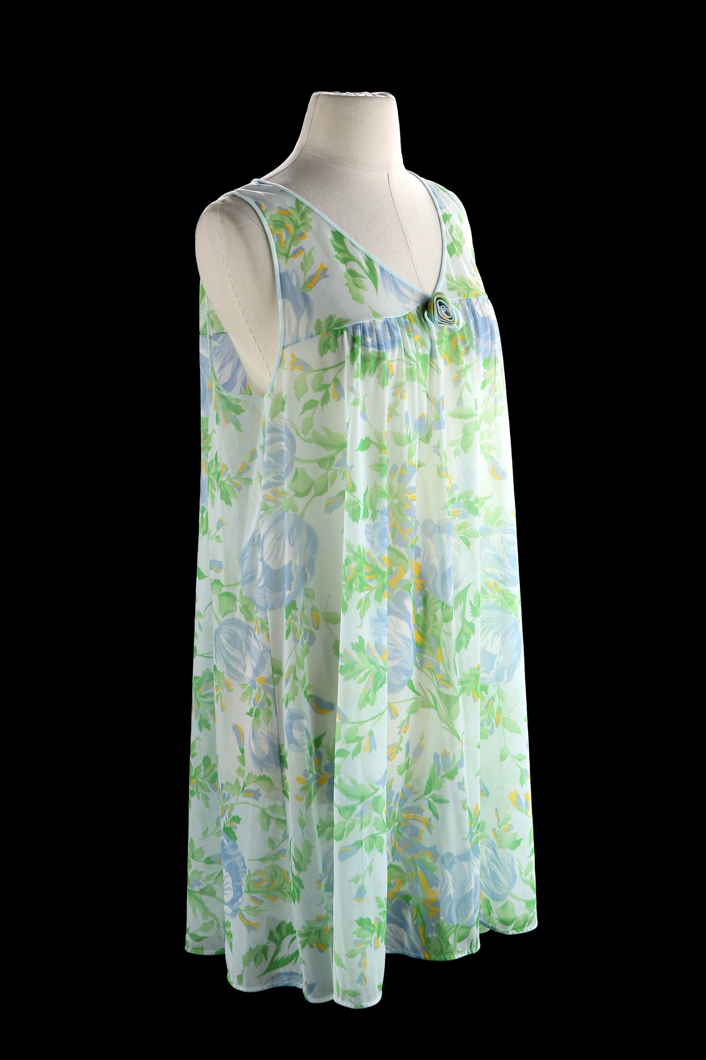 Vintage Women's Blue Floral Print Blouson Nightgown Dress