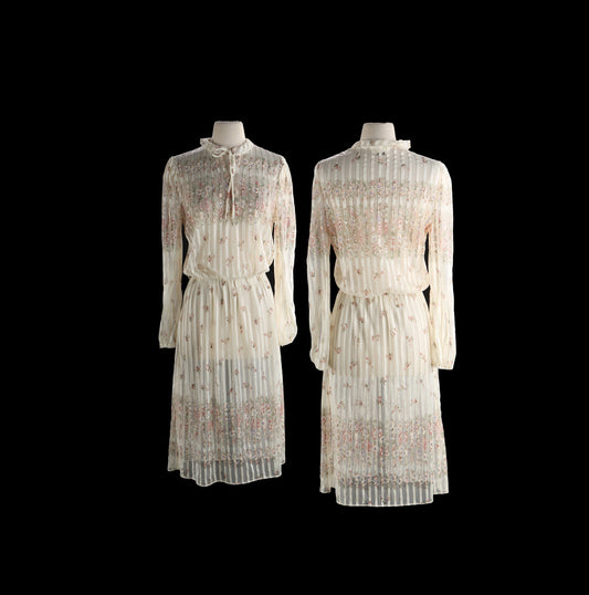 80s White Flora Print Summer Dress