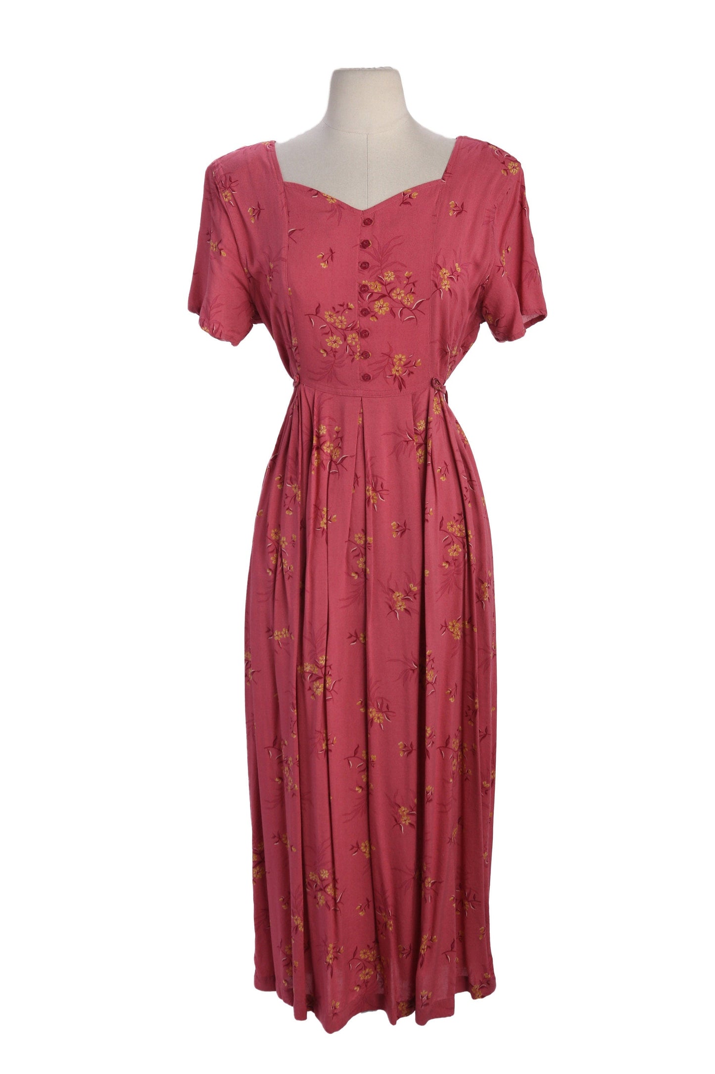 90s Women Red Floral Print Long Maxi Summer Rayon Dress with Waist Belt for  Multi-size Adjustment by Erika Studio
