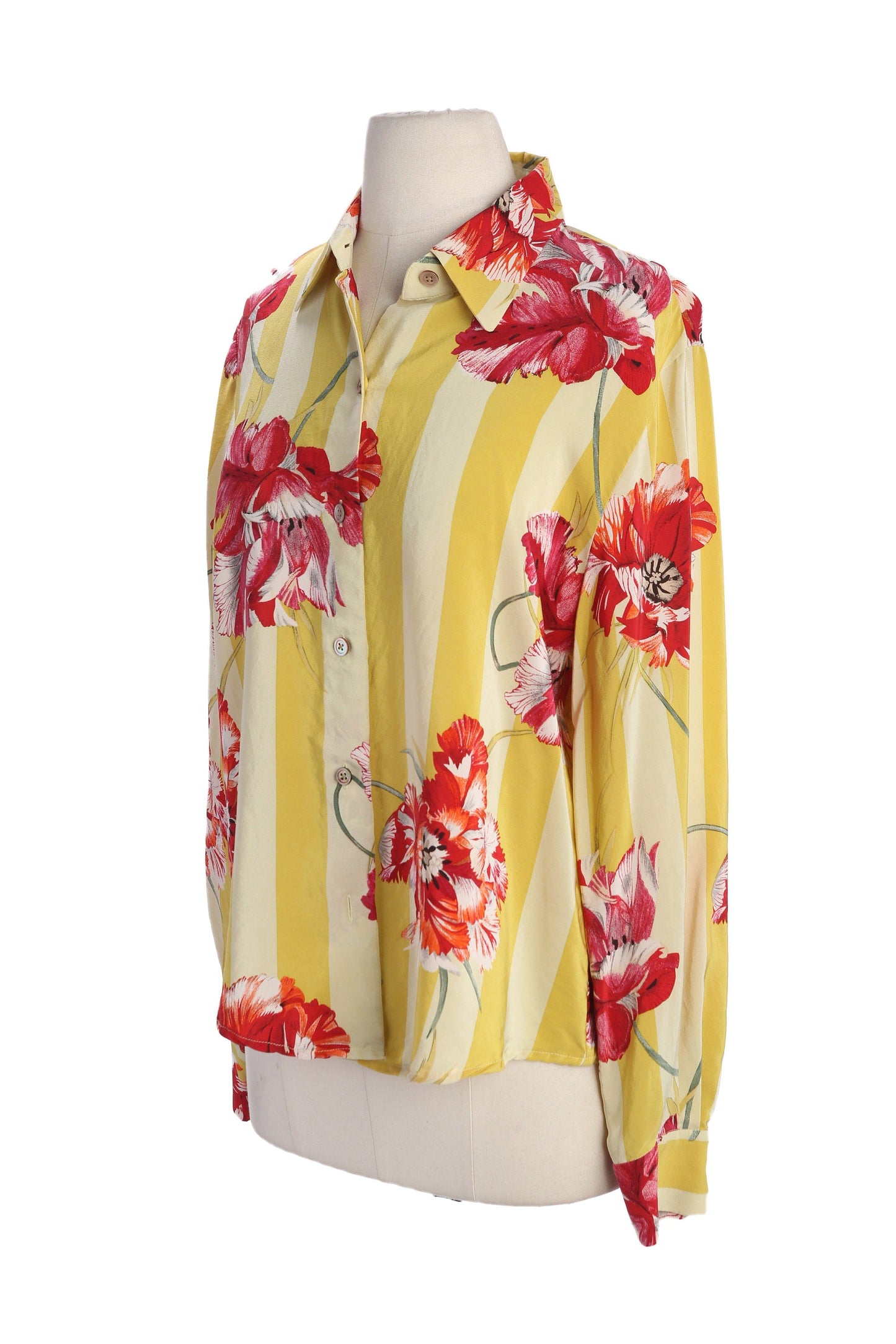 Y2K Women Red Floral Print Yellow Striped Silk Casual Top by Linda Allard for Ellen Tracy