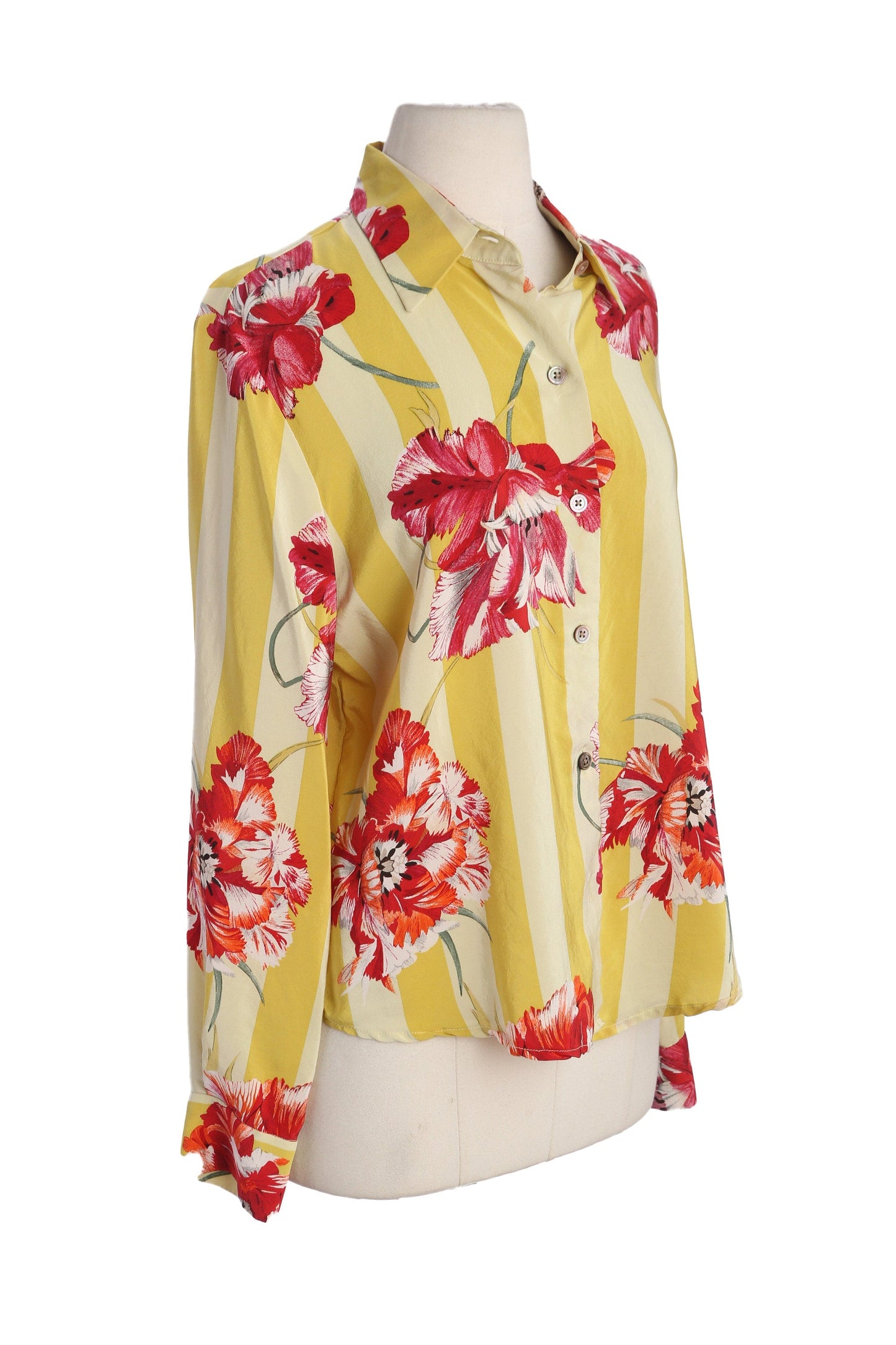 Y2K Women Red Floral Print Yellow Striped Silk Casual Top by Linda Allard for Ellen Tracy