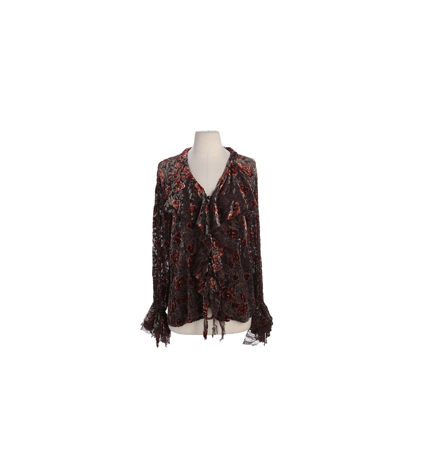 Y2K Women Brown Sheer Floral Long Sleeve Top