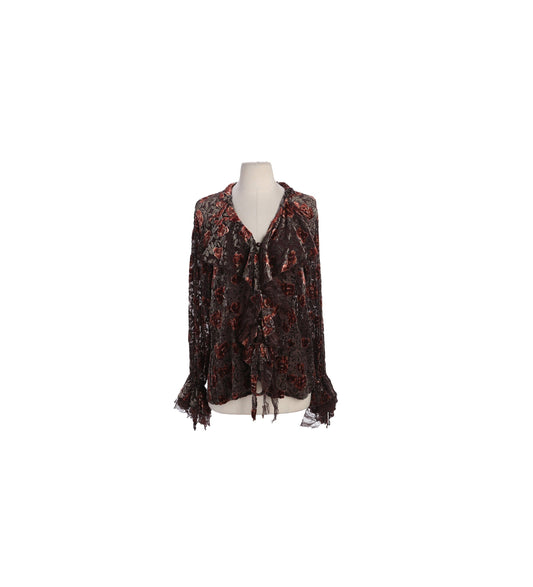 Y2K Women Brown Sheer Floral Long Sleeve Top