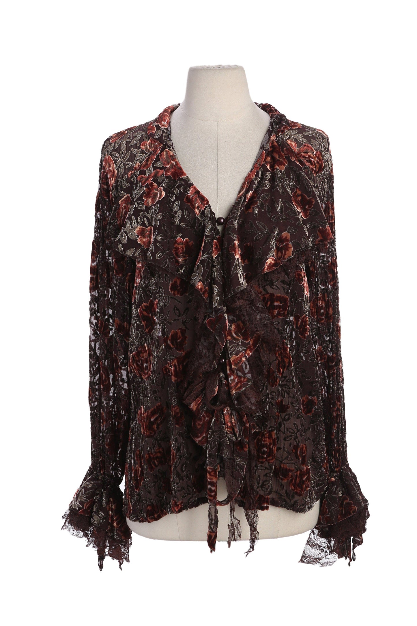 Y2K Women Brown Sheer Floral Long Sleeve Top