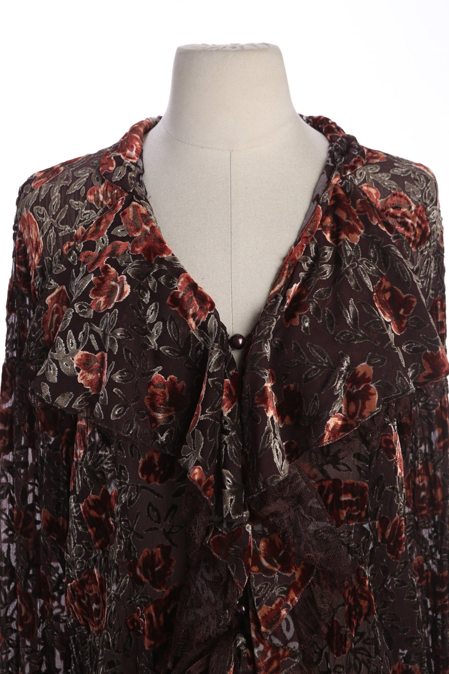 Y2K Women Brown Sheer Floral Long Sleeve Top
