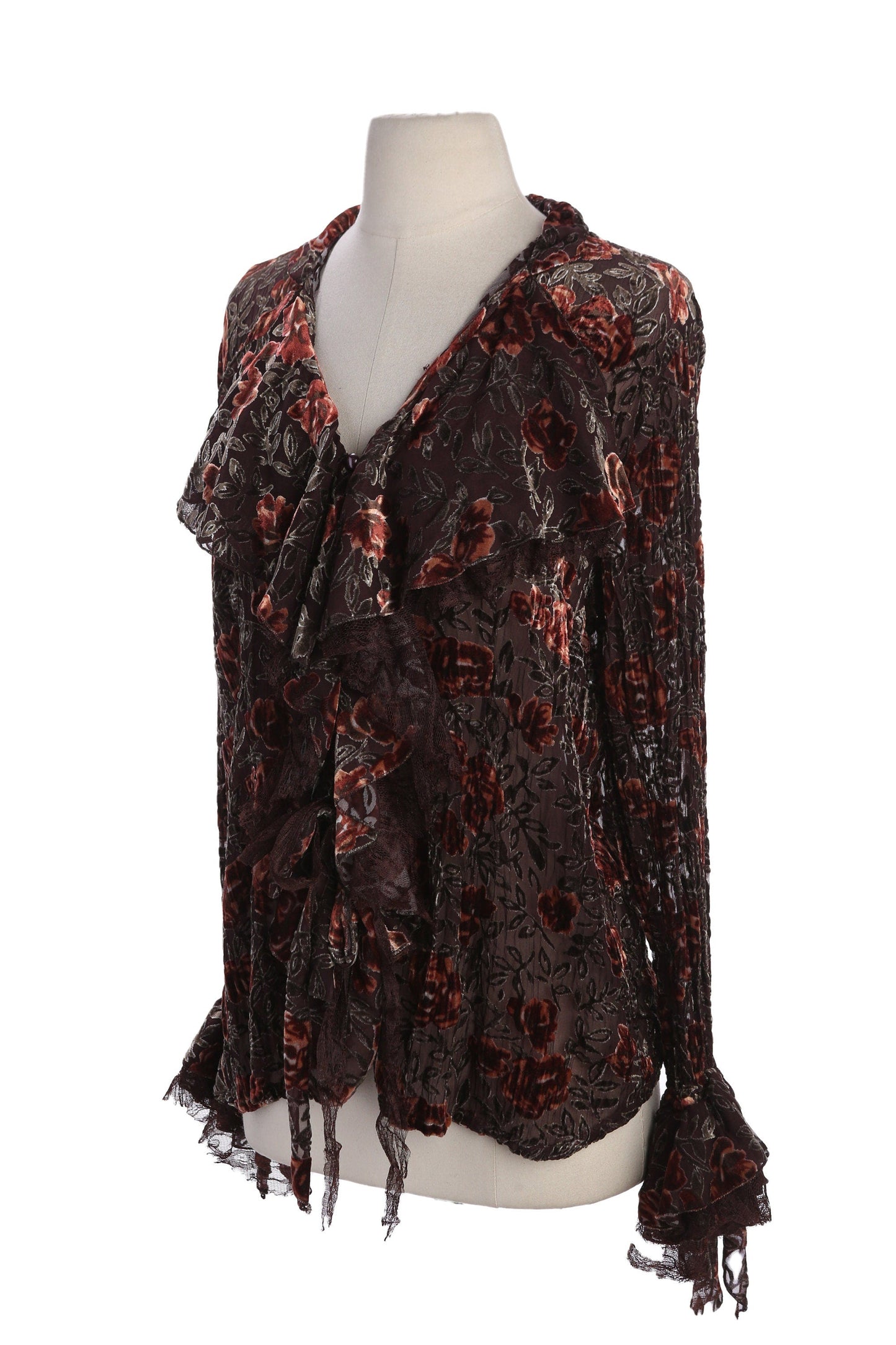 Y2K Women Brown Sheer Floral Long Sleeve Top