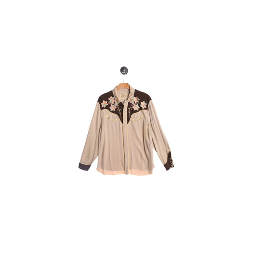Vintage Men Western Shirt with Floral Embroidered Details - by California Ranchwear Los Angeles - Era 50's - 60's