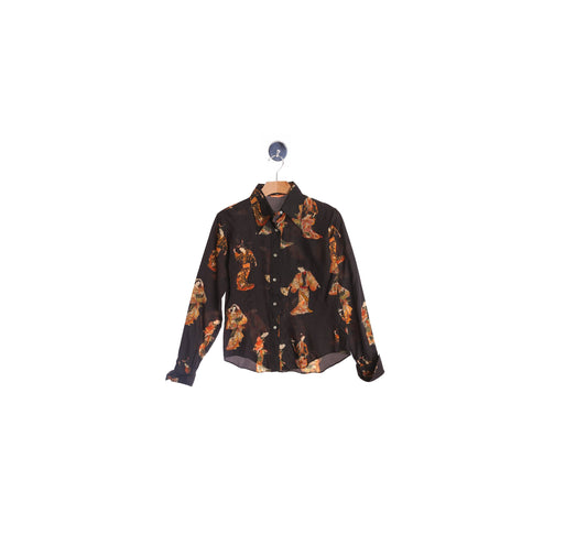 Women Black Geisha Print Button Up Blouse