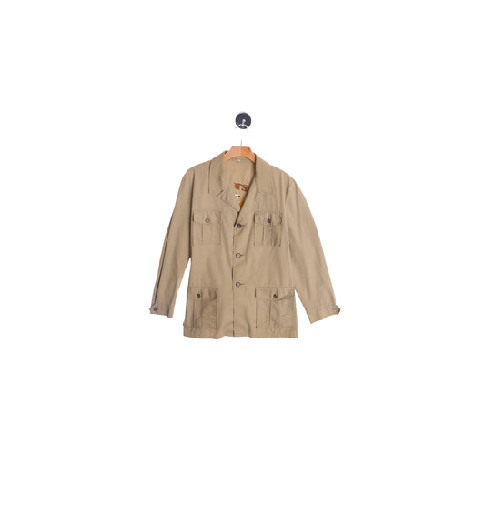 70's Men Beige Safari Cotton Long Sleeve Shirt with Jeep Cj-7 Golden Eagle Back Embroidery