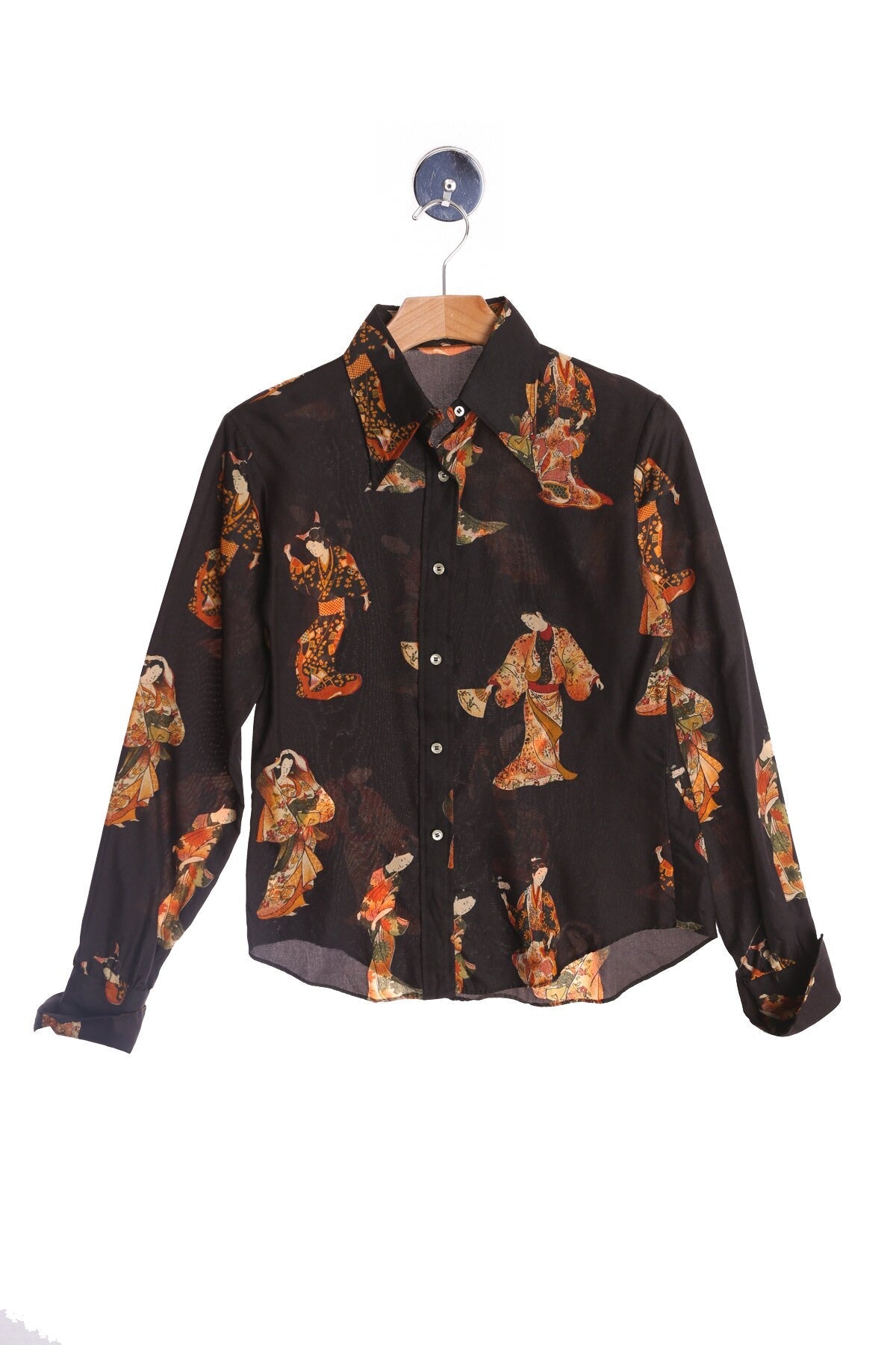 Women Black Geisha Print Button Up Blouse