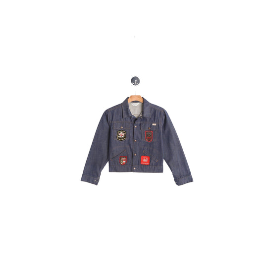 70's Men Denim Jacket with Olympic Ski Patches and Back Apollo Nasa Patch