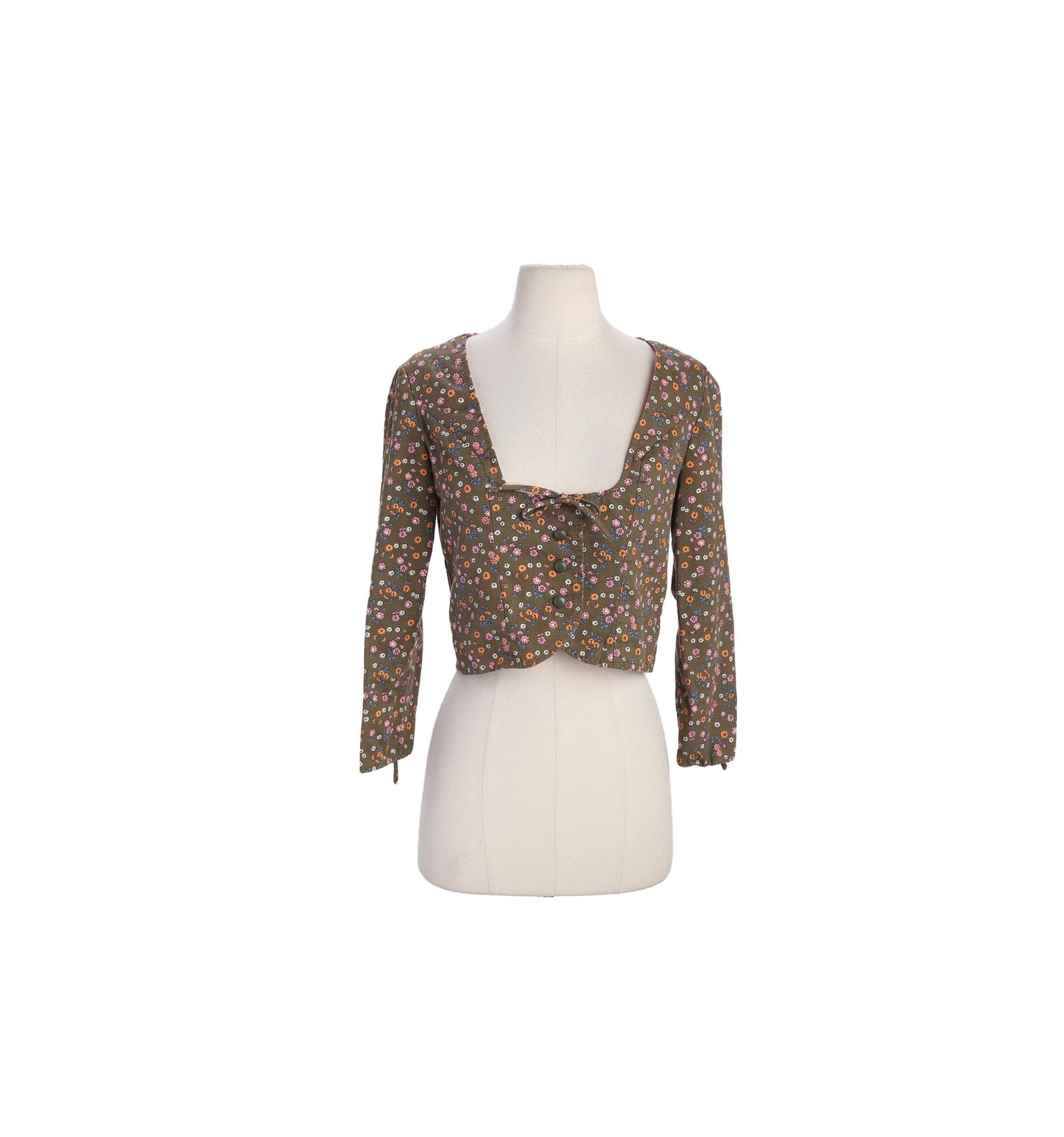 Vintage Women Floral Print Brown Longs Sleeve Top by Garey Petite Juniors - Est Era 60s - 70s