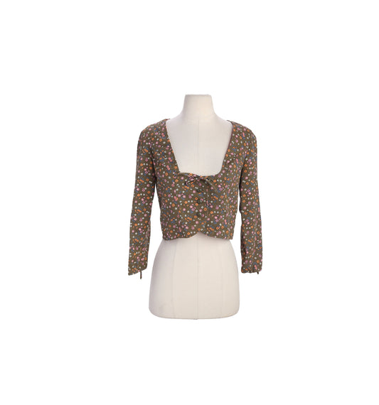 Vintage Women Floral Print Brown Longs Sleeve Top by Garey Petite Juniors - Est Era 60s - 70s