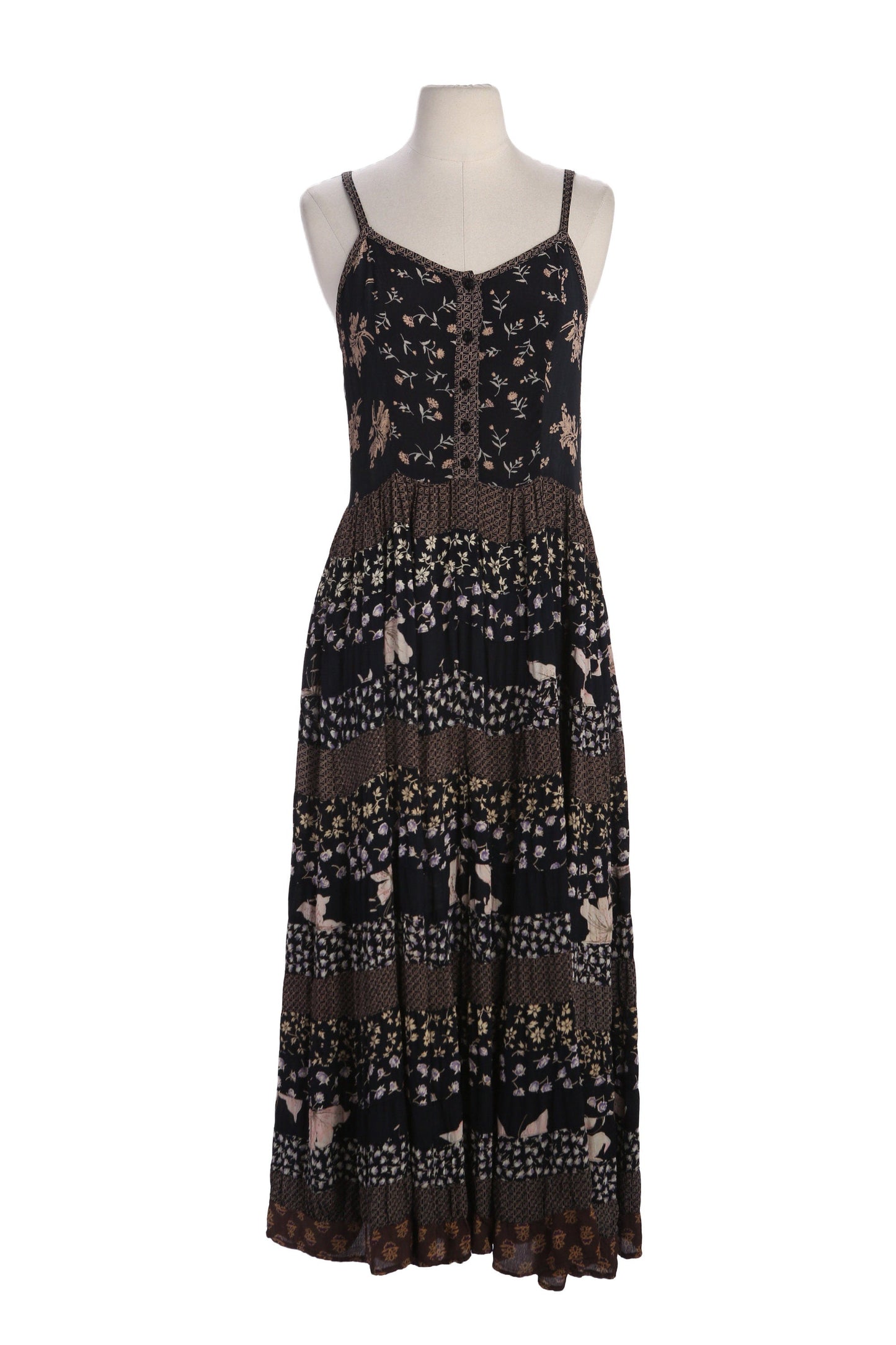 90s Women Black Floral Print Sleeveless Maxi Summer Rayon Dress - Made in India by Her Style