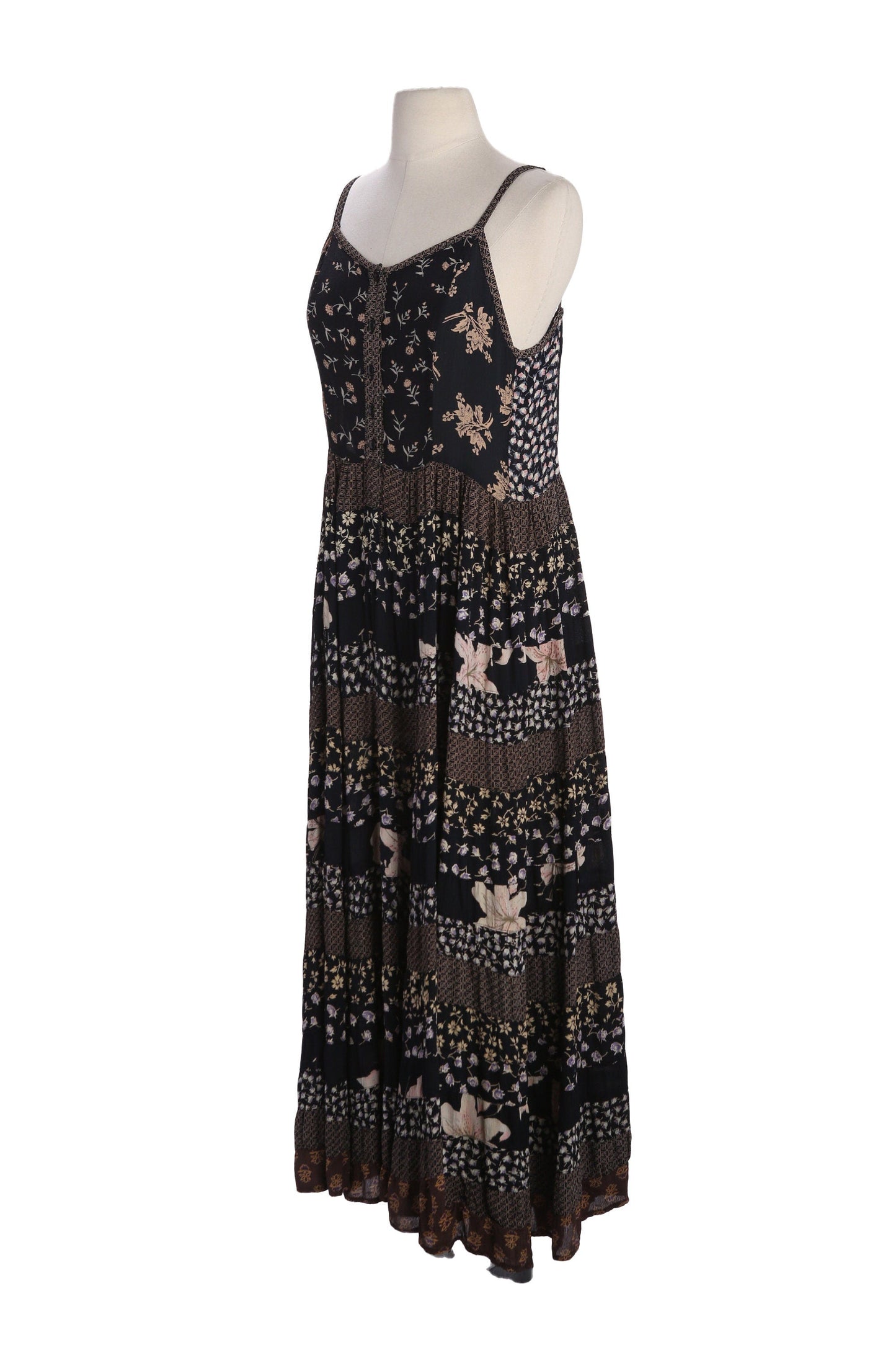 90s Women Black Floral Print Sleeveless Maxi Summer Rayon Dress - Made in India by Her Style