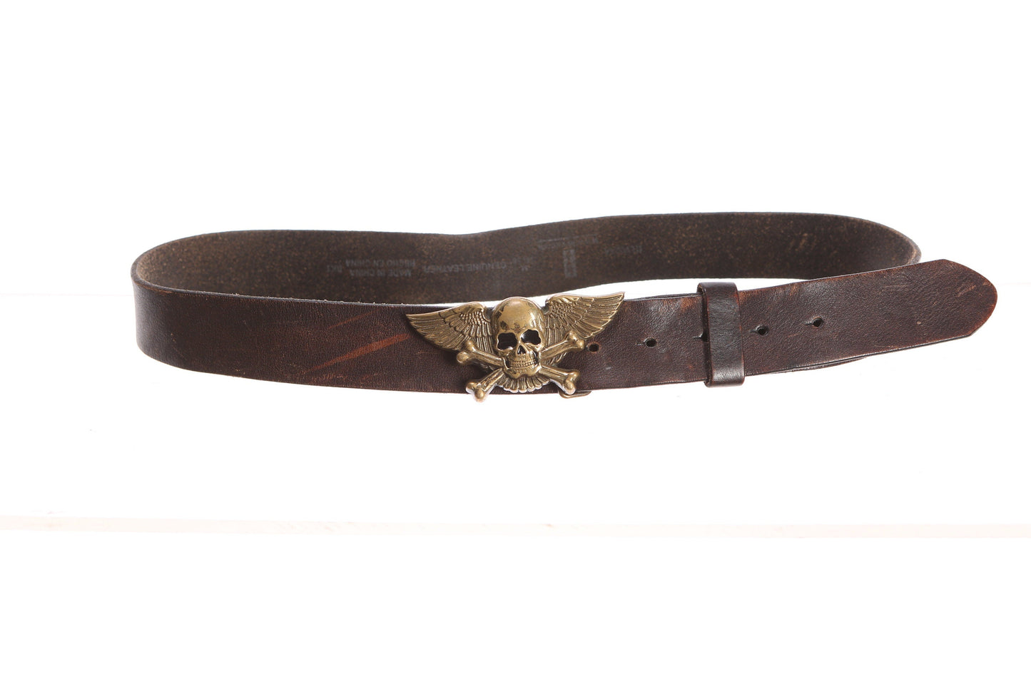 Brown Leather Bell with Winged Skull Belt Buckle