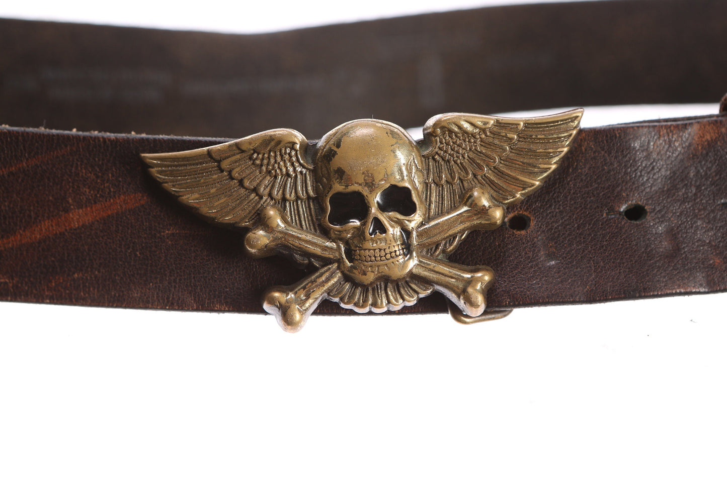 Brown Leather Bell with Winged Skull Belt Buckle