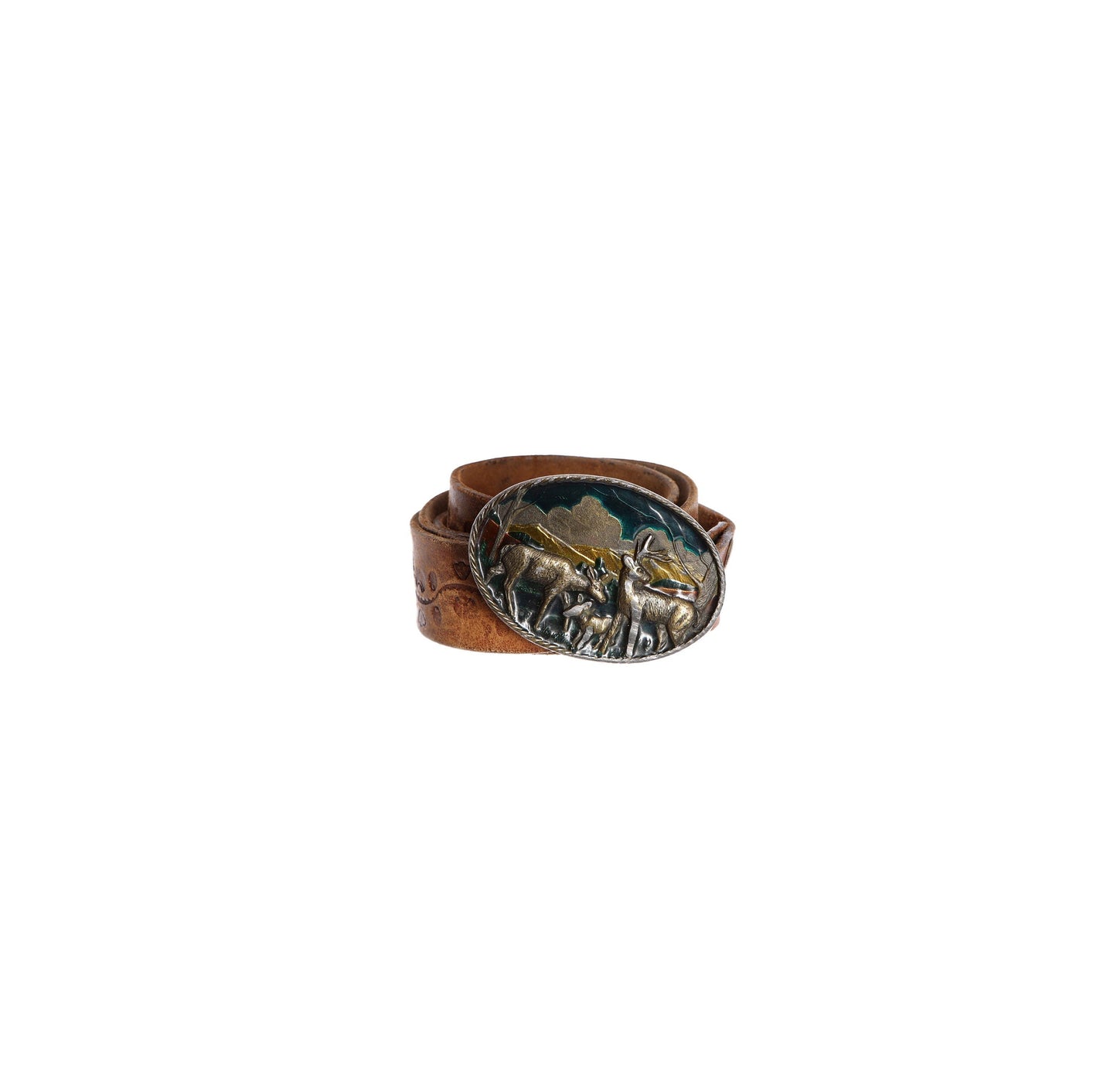 Vintage Tooled Leather Belt with Deer Belt Buckle