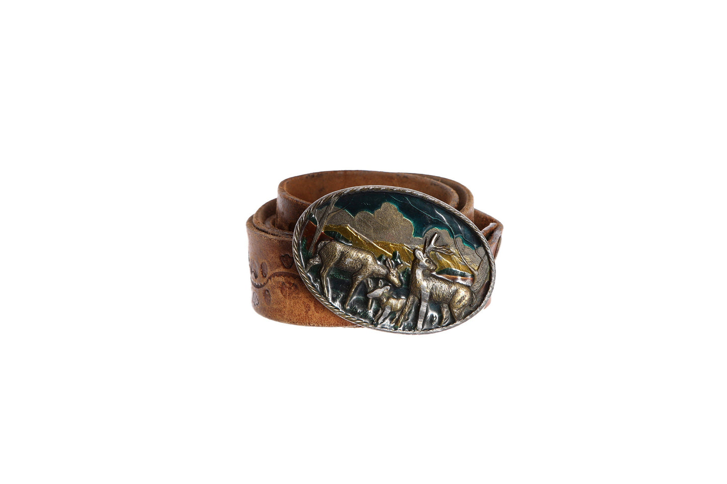 Vintage Tooled Leather Belt with Deer Belt Buckle