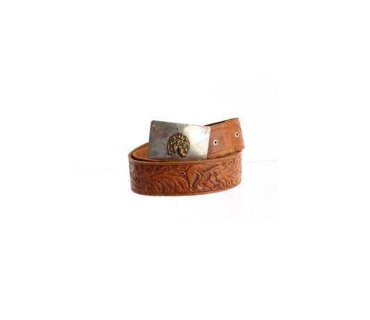 Vintage Tooled Western Leather Belt with Horseshoe Design Steel Bel Buckle