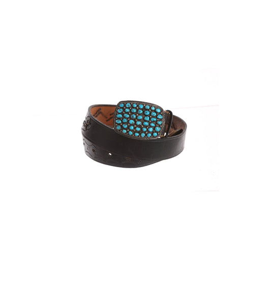 Vintage Black Leather Belt with Blue Stones Belt Buckle