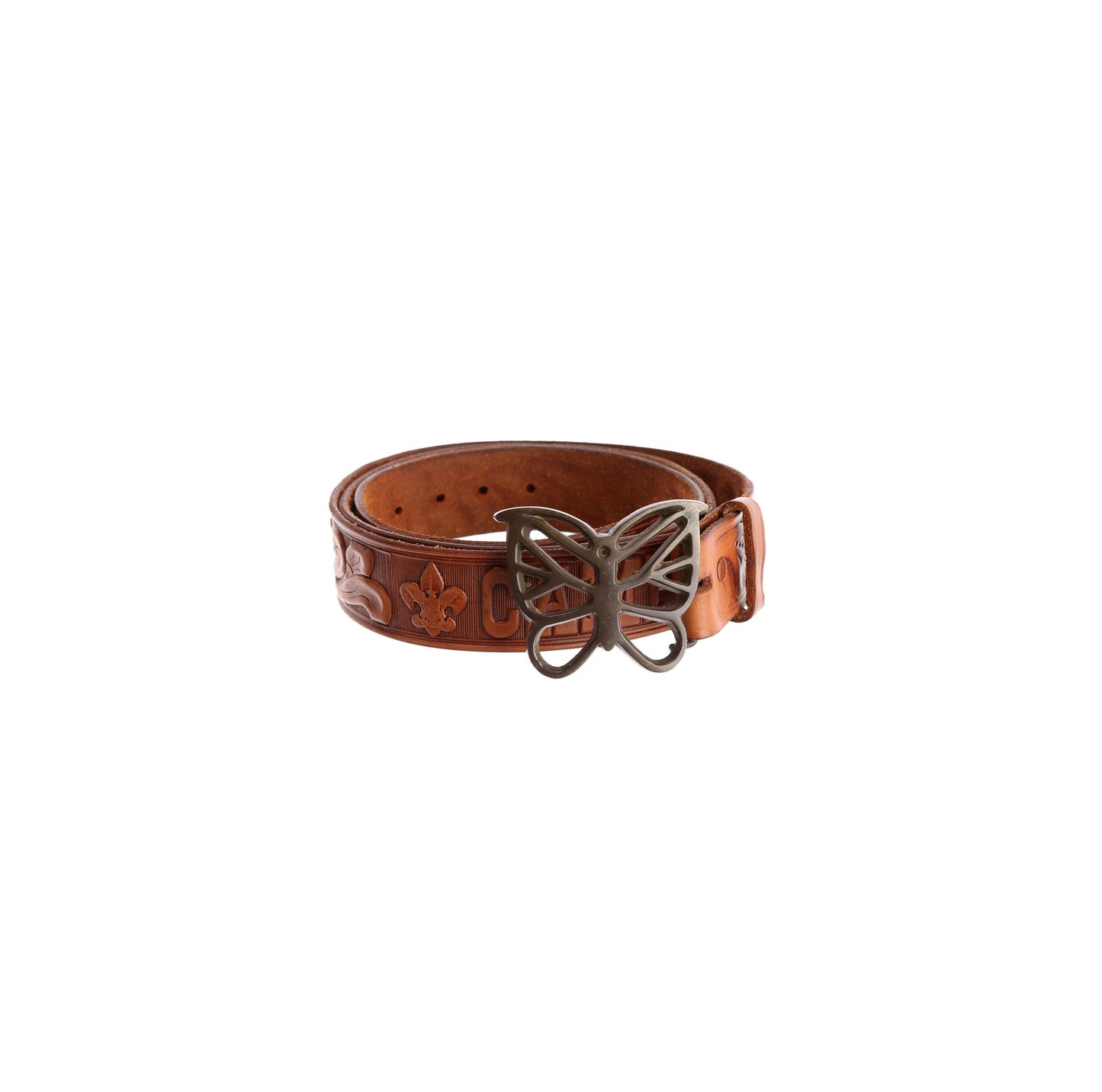 Vintage Tooled Leather Belt with Steel Butterfly Buckle and Camp Pupukea Hawaii Engraved Words