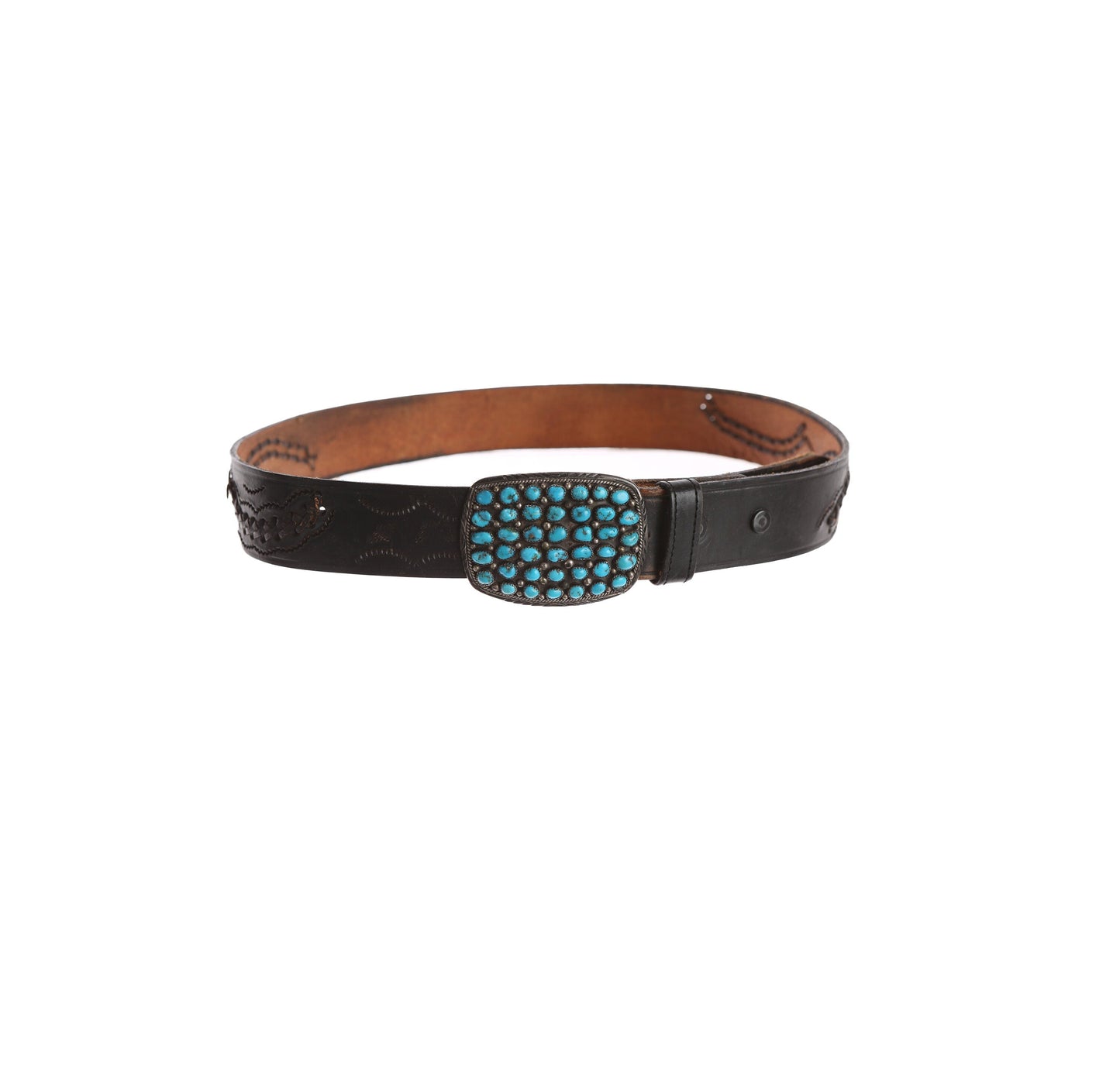 Vintage Black Leather Belt with Blue Stones Belt Buckle